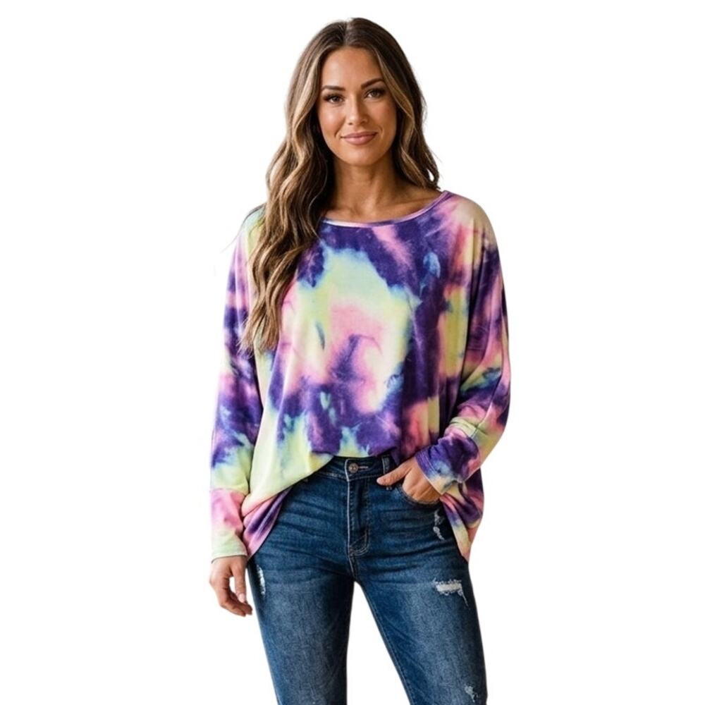Leo Rosi Top Size 2XL Purple Tie Dye Boat Neck Dolman Sleeve Comfort Casual Boho